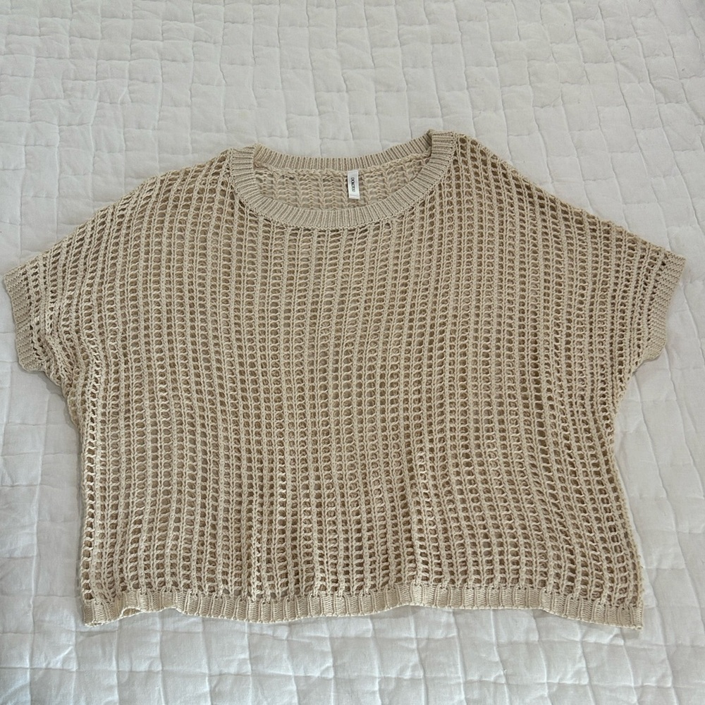 Beige Knit Short Sleeve Sweater - Picture 9 of 9